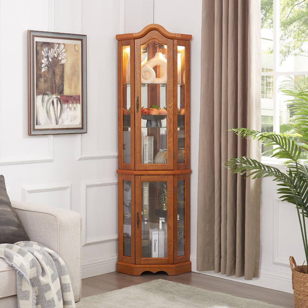 Curio Cabinet Lighted Glass Display Curio Cabinet w/Tempered Glass Doors and Shelves, Crown Corner Cabinet with Bulb, Corner Storage Decoration for Living room and Bedroom OAK - Grand Goldman Shop