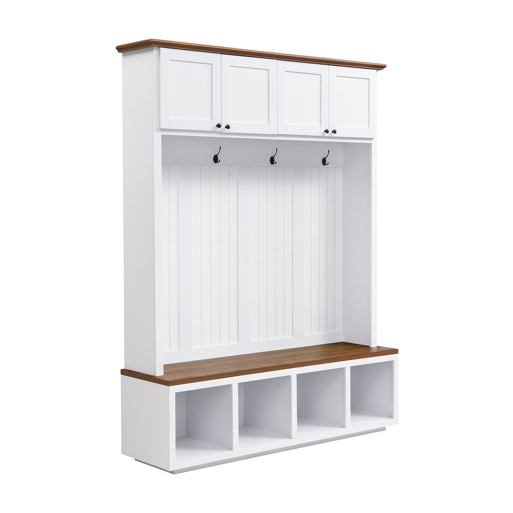 59''W Entryway Hall Tree with Bench and Storage, Farmhouse Wood-grain Accent 4-in-1 Hall Tree with Cabinets, Coat Racks and Hooks for Hallway, Entryway, living room and Mudroom - Grand Goldman Shop