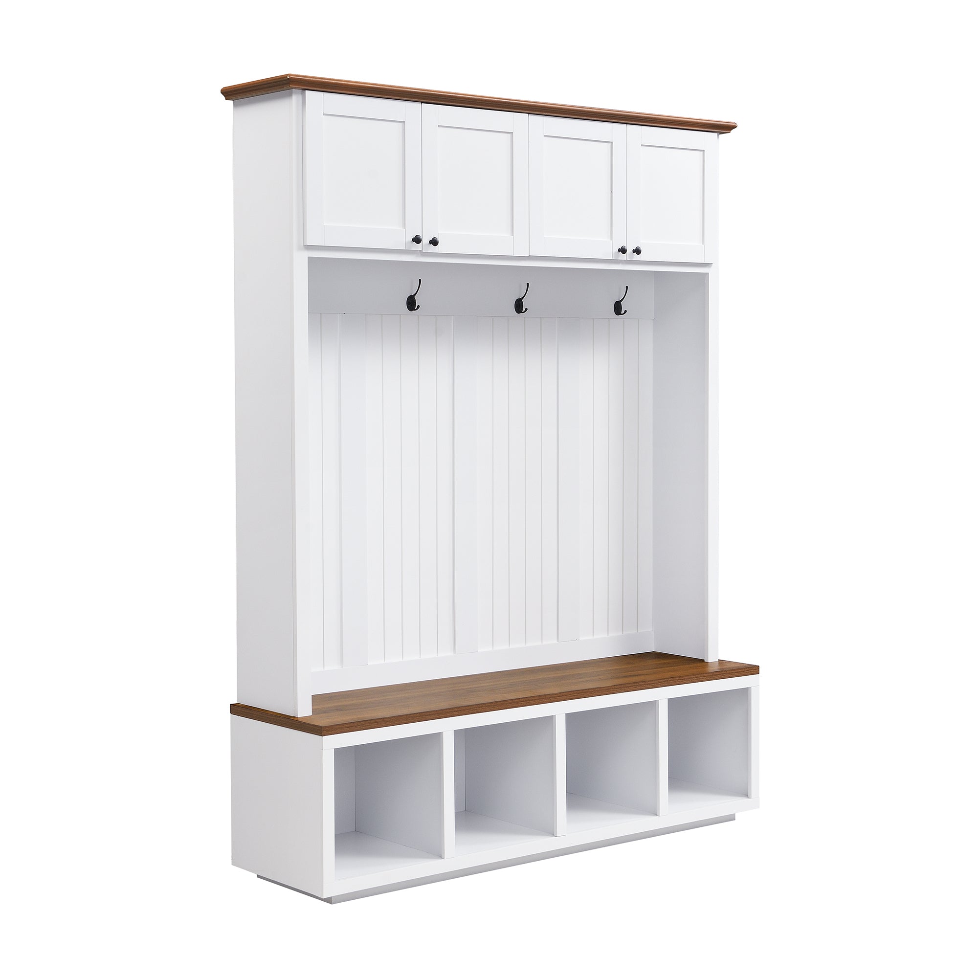 59''W Entryway Hall Tree with Bench and Storage, Farmhouse Wood-grain Accent 4-in-1 Hall Tree with Cabinets, Coat Racks and Hooks for Hallway, Entryway, living room and Mudroom - Grand Goldman Shop