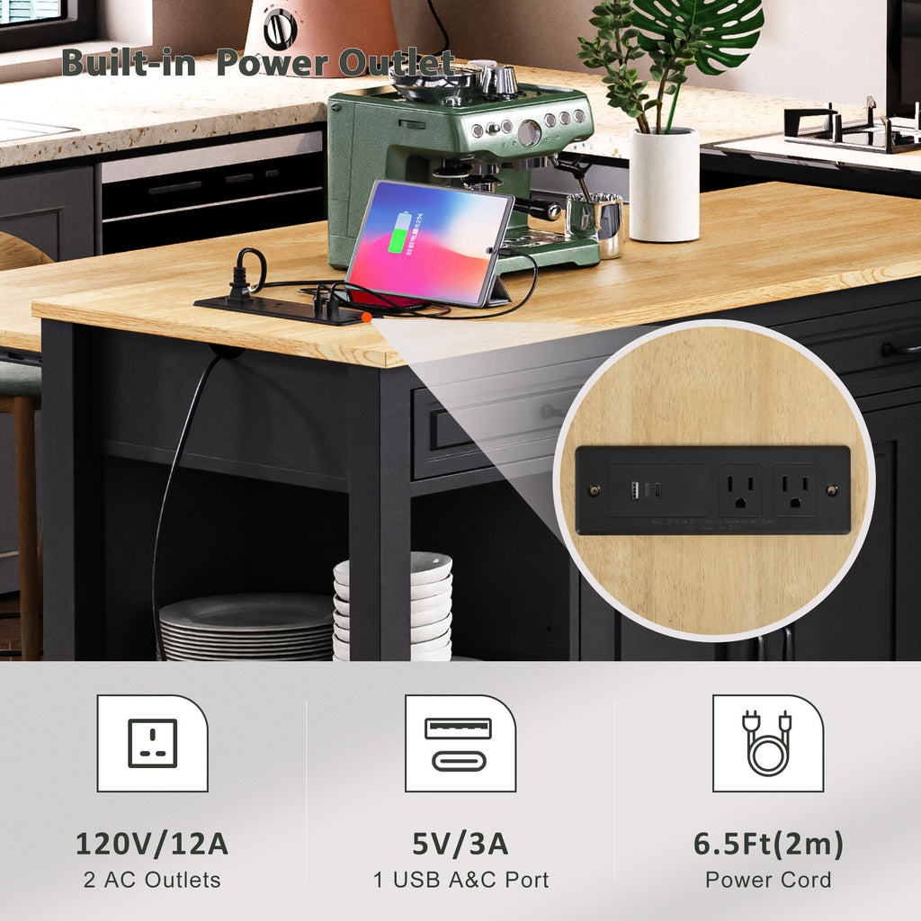 K&K 47 inch Kitchen Island with Extendable Dining Table, Rubber Wood Veneer Kitchen Table with Internal Storage Rack, Power Outlet, Kitchen island with Storage 2 Drawers 2 Cabinet, Black - Grand Goldman Shop