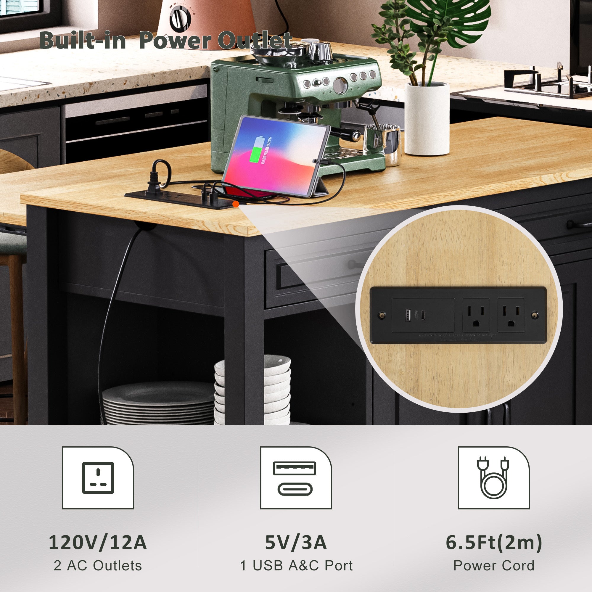 K&K 47 inch Kitchen Island with Extendable Dining Table, Rubber Wood Veneer Kitchen Table with Internal Storage Rack, Power Outlet, Kitchen island with Storage 2 Drawers 2 Cabinet, Black - Grand Goldman Shop