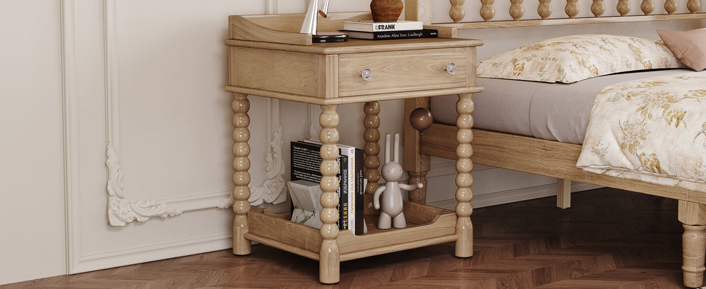 Retro Style Nightstand with Drawer and Open Shelf for Bedroom, Bedside Table with Turned Legs and Metal Handle,Natural - Grand Goldman Shop