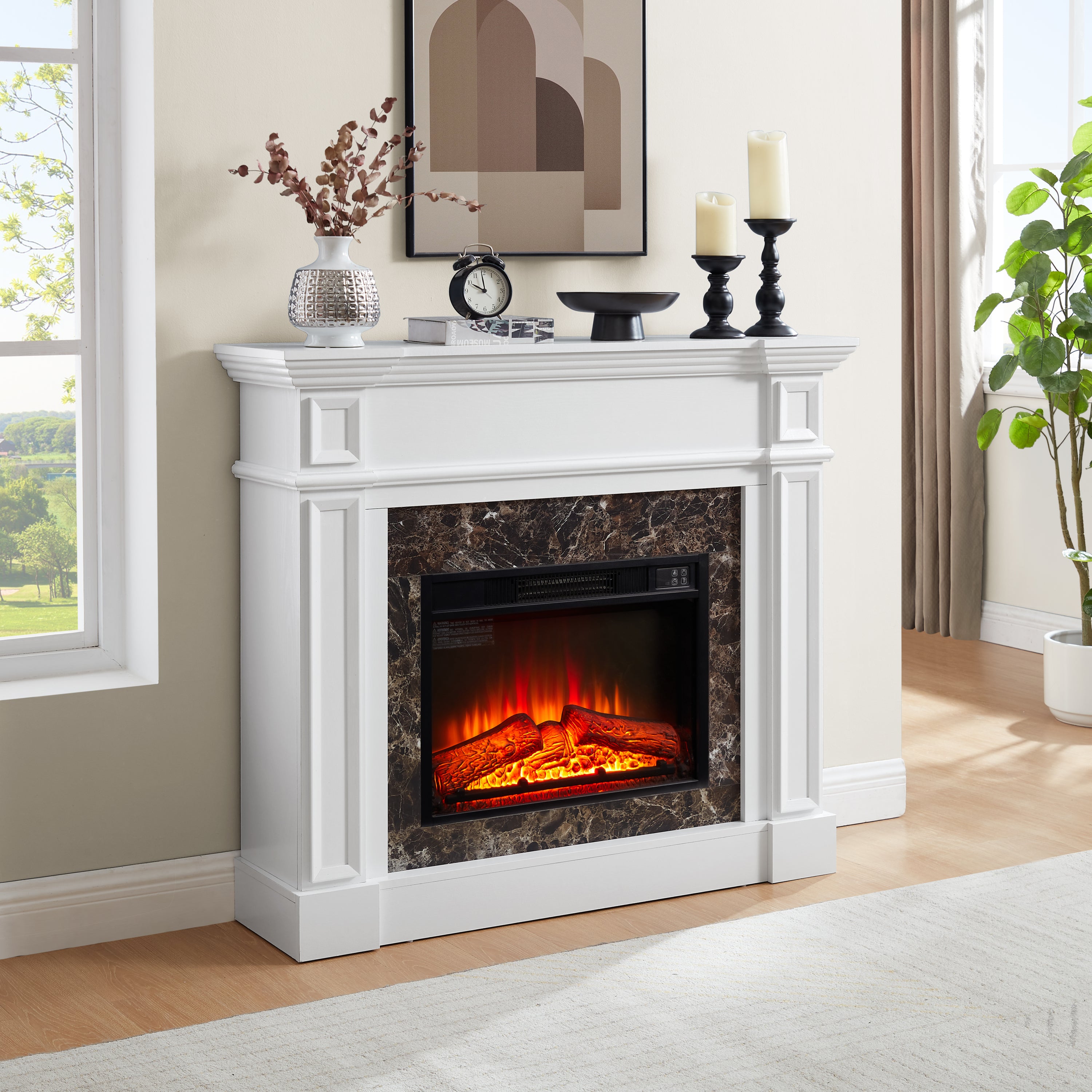 Electric Fireplace with Mantel, Fireplace Mantel, Fireplace Heater Freestanding, Realistic Stacked Stone Surround with Remote Control Timer LED Flame, White, 45.66'W*11.8'D*40'H - Grand Goldman Shop
