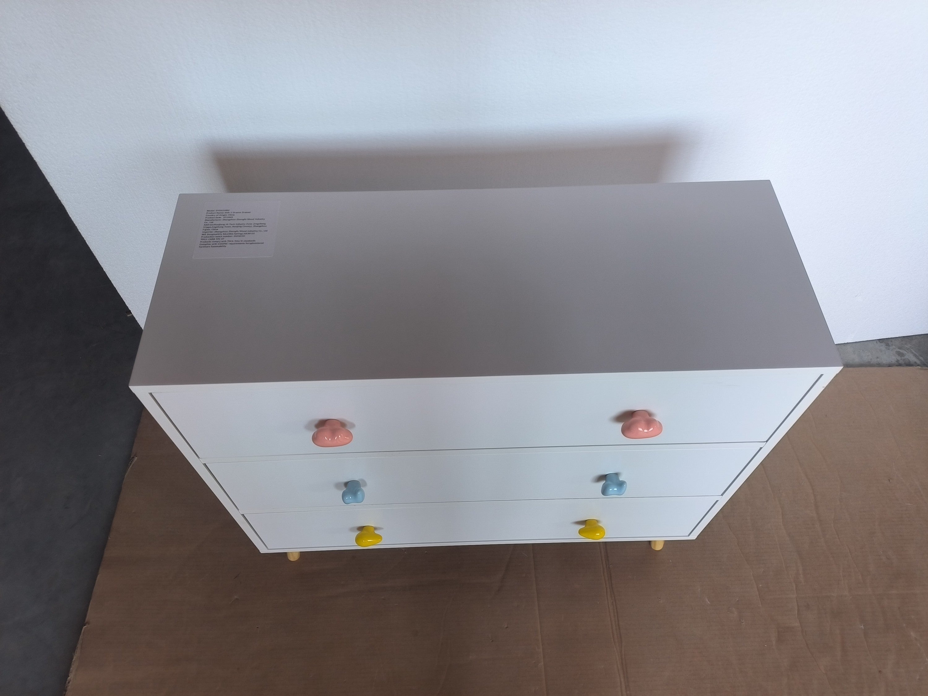 Kids 3 Drawer Dresser, White Nursery Storage Cabinet with Anti-Tip Safety Feature, Solid Wood and MDF Construction, Compact D