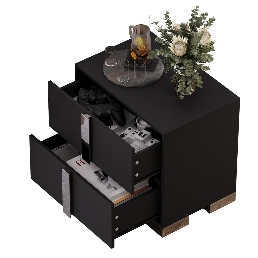 Modern End Table with Drawers, Elegant Nightstand with Metal Foot,Wood Bedside Table with Mirrored Metal Handles,Sofa Side End Table for Bedroom Living Room Office,Black - Grand Goldman Shop