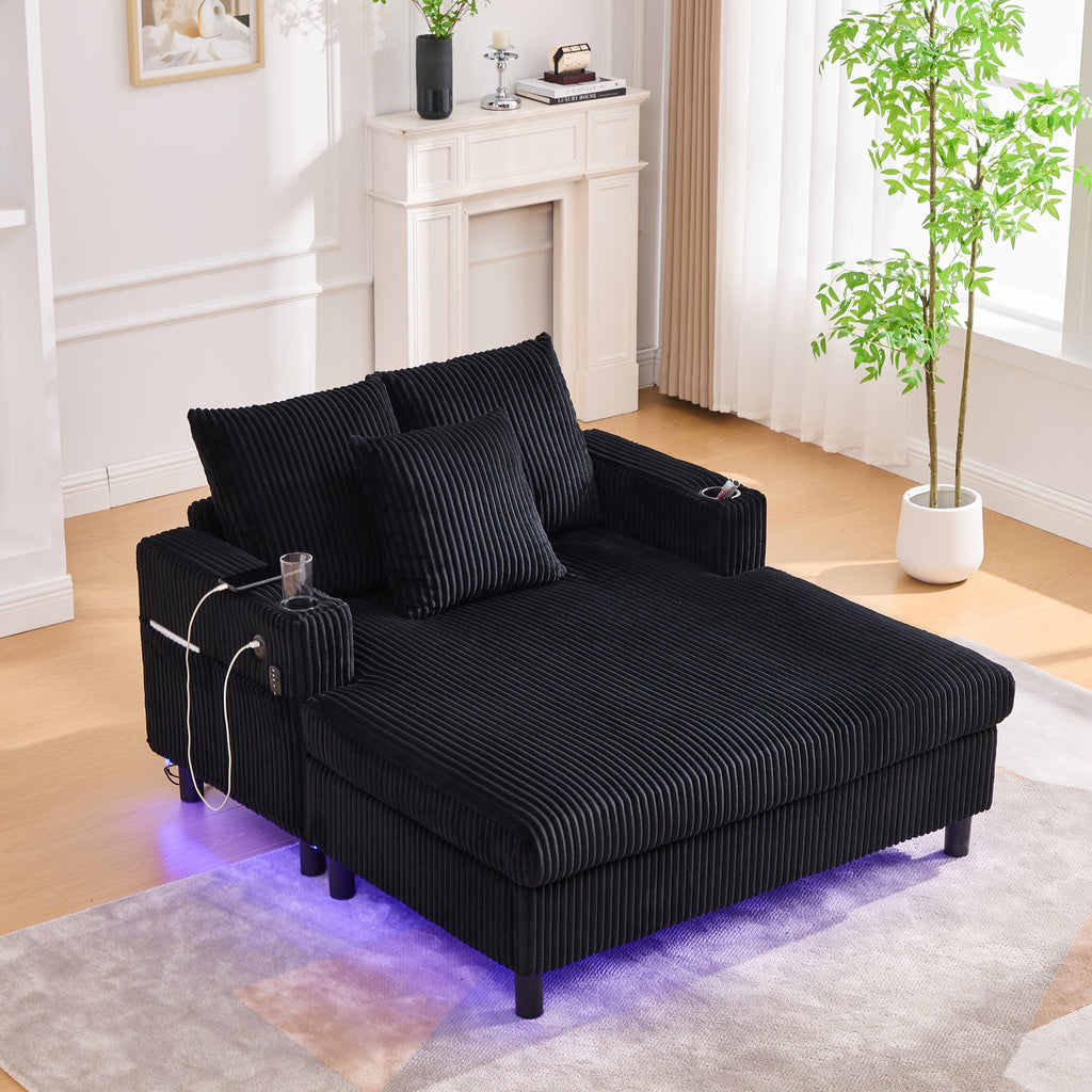 UNITED WE WIN Modern Corduroy Oversized Recliner Sofa with Deep Seat, 3 Pillows, USB Charging, RGB LED Light Strip, Cup Holder, Side Pocket - Suitable for Living Room and Bedroom - Grand Goldman Shop