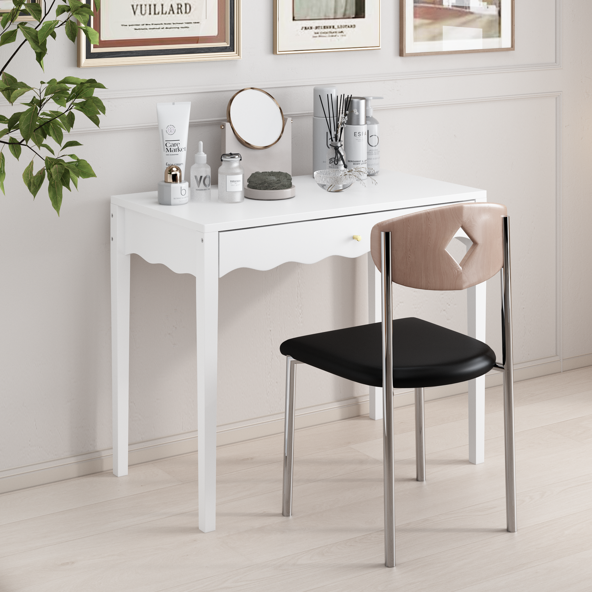 White 35.43' Vanity Desk with Drawer – Modern Makeup Table with Scalloped Front & Gold Knob, Compact Writing Desk with 4 Sturdy Legs for Bedroom, Small Home Office & Apartment Spaces - Grand Goldman Shop