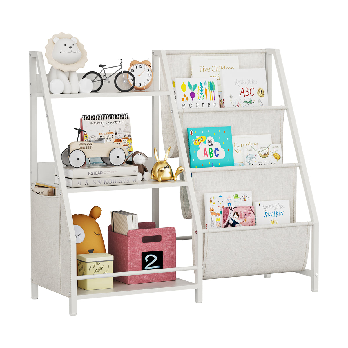 Kids Bookshelf and Toy Storage Organizer, Montessori Bookcase for Toddler Nursery, Wooden & Fabric Book Shelf with Anti-Tip S