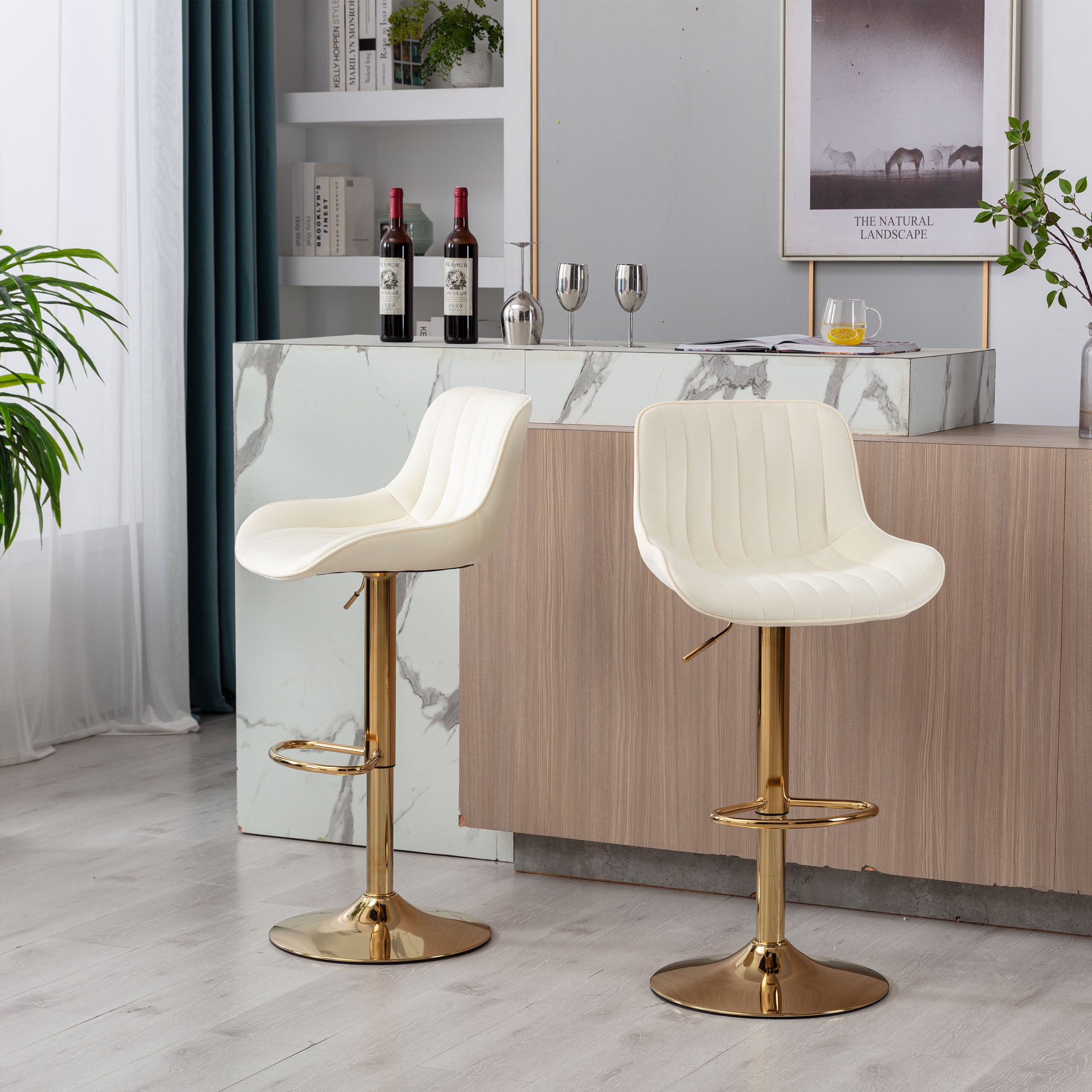 Chrome Footrest and Base Swivel Height Adjustable Mechanical Lifting Velvet + Golden Leg Simple Bar Stool,Set of 2,Ivory - Grand Goldman Shop