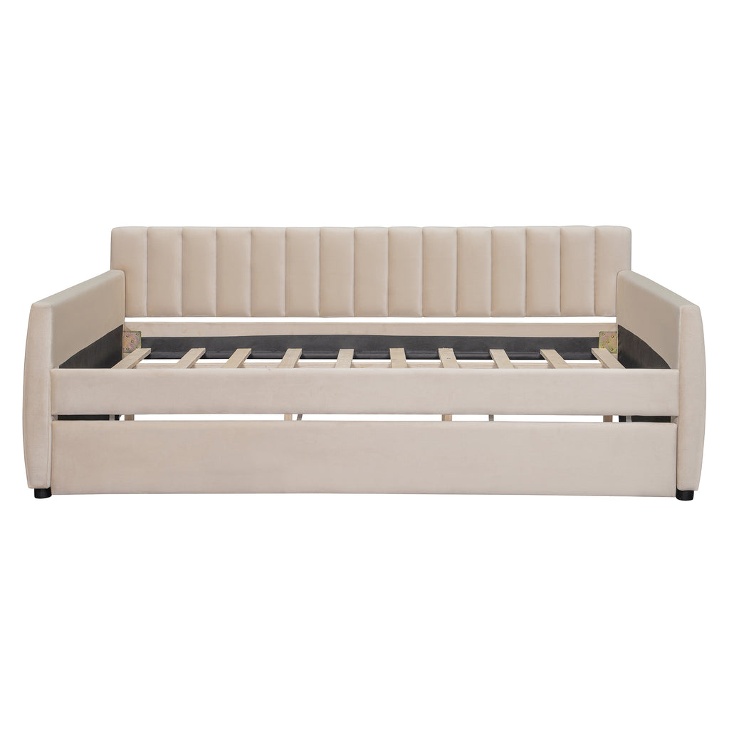 Full Size Upholstered daybed with Trundle and Wood Slat Support, Beige(Old SKU:LP000121AAA) - Grand Goldman Shop