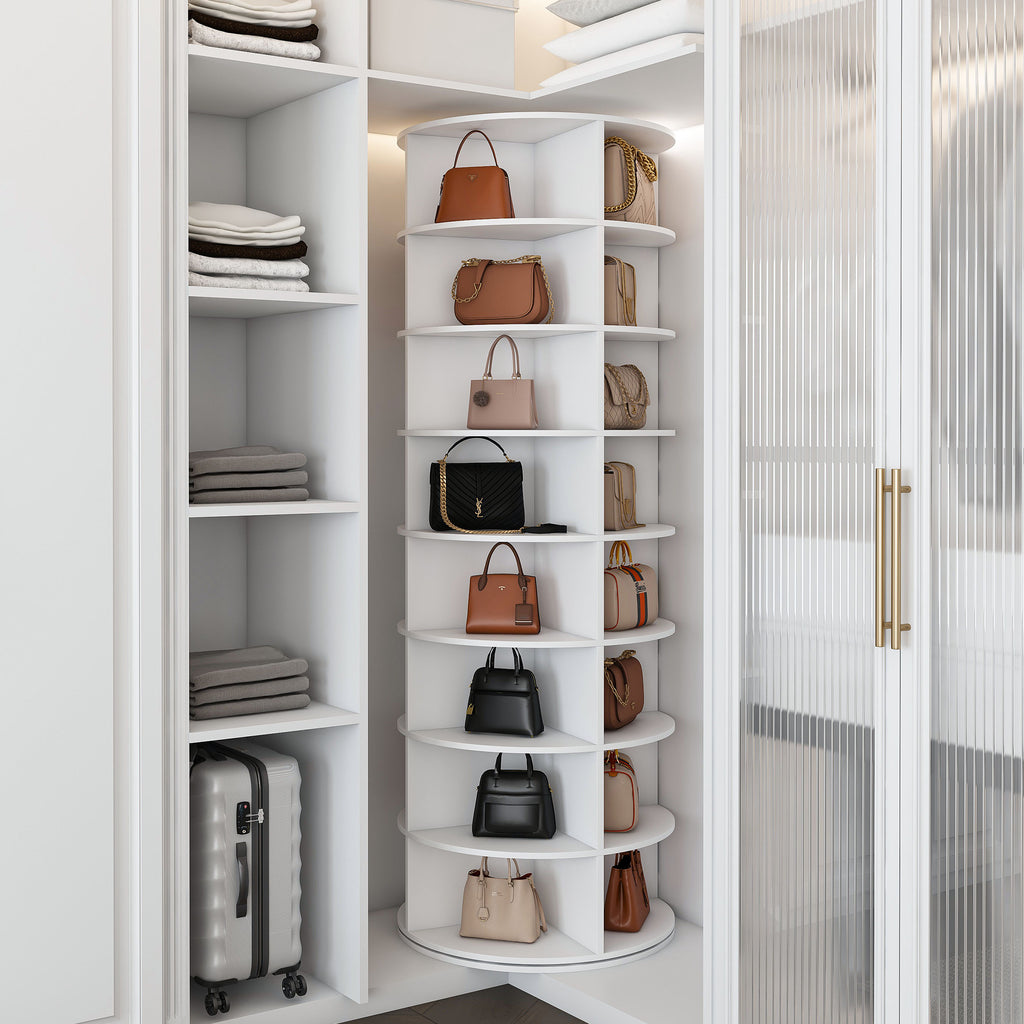 Rotating Shoe Rack Tower, 8-Tier Spinning Storage Rack, Free Standing 360° Revolving Organizer in White with PVC Construction, Holds 32 Pairs of Shoes - Grand Goldman Shop