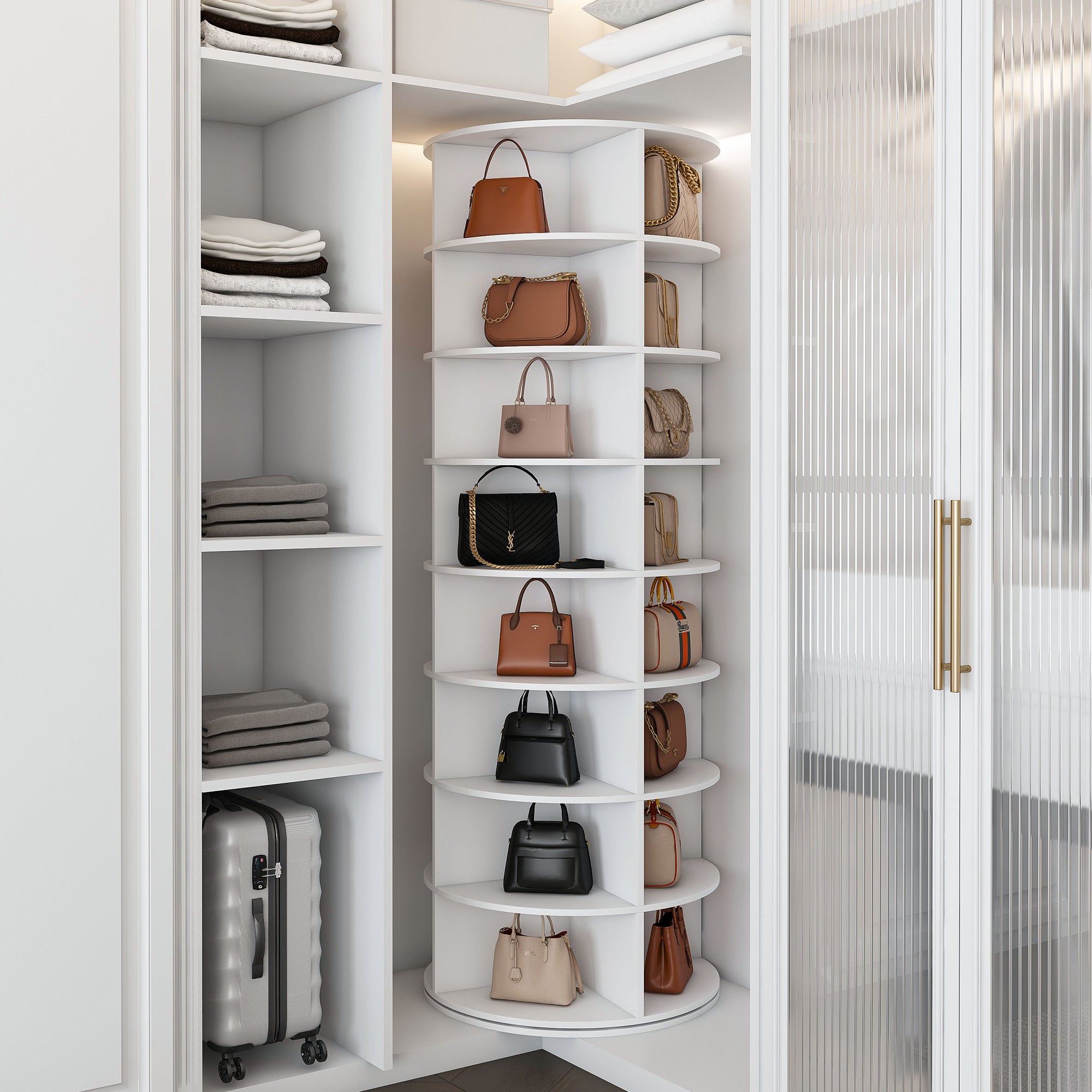 Rotating Shoe Rack Tower, 8-Tier Spinning Storage Rack, Free Standing 360° Revolving Organizer in White with PVC Construction, Holds 32 Pairs of Shoes - Grand Goldman Shop