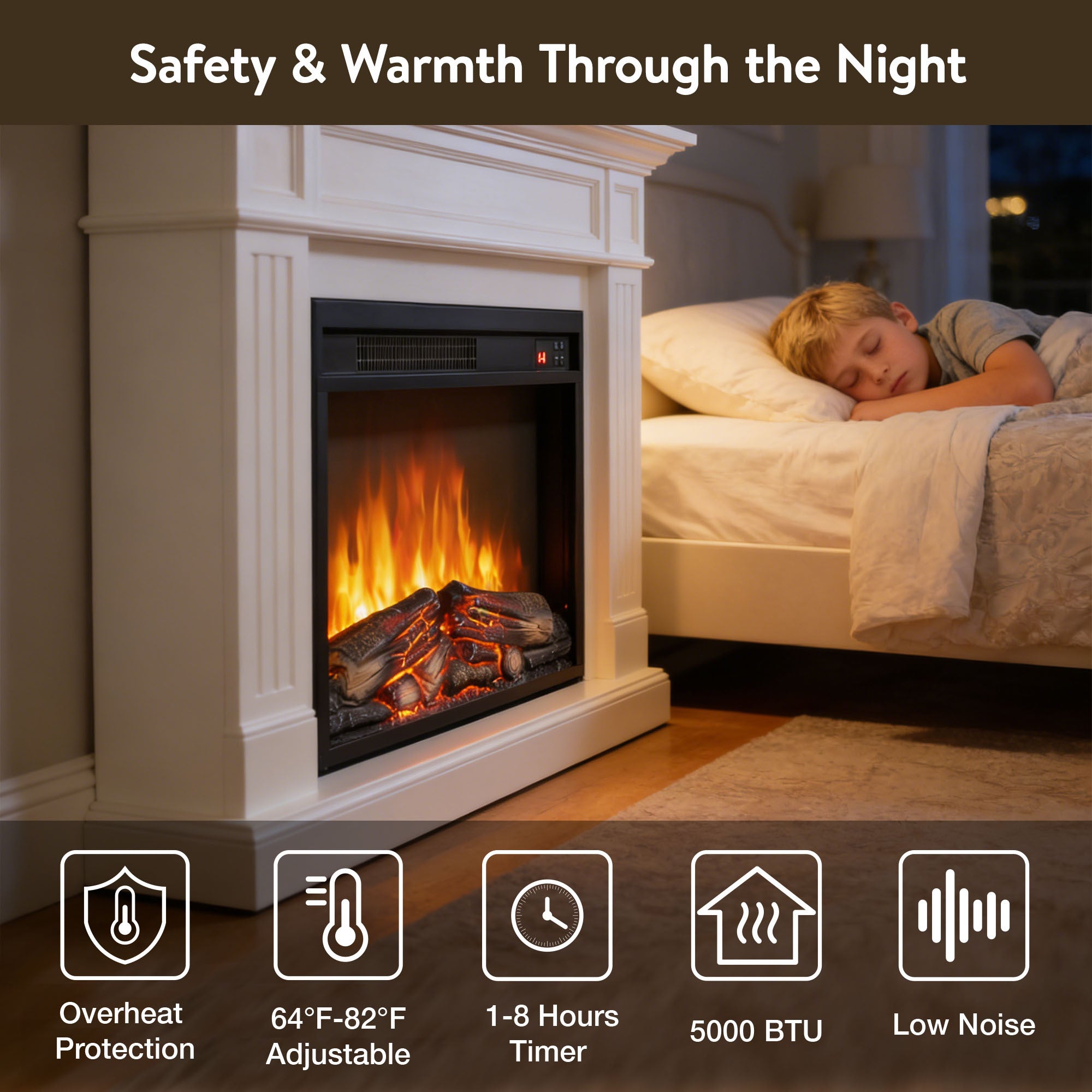 26 inch electric fireplace insert, ultra thin heater with log set & realistic flame, remote control with timer, overheating protection - Grand Goldman Shop