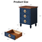 Vintage Farmhouse End Table with Floral Knobs – 19' Rustic Nightstand with 3 Drawers & Gourd Legs,Bedside or Sofa Accent Table, Almost Fully Assembled, Blue - Grand Goldman Shop