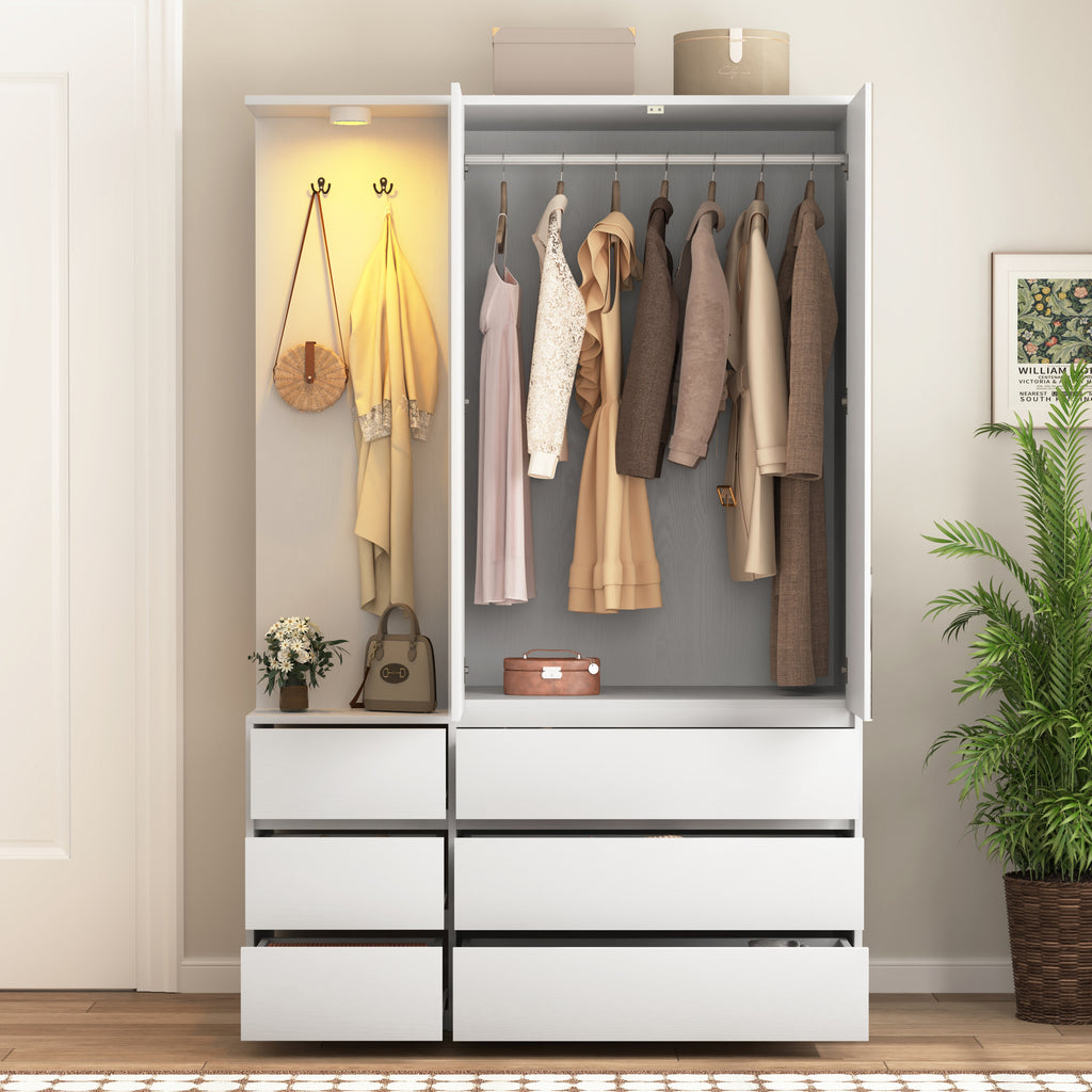 Wardrobe Closet 71.7' H, Bedroom Wooden Wardrobe with 2 Doors 6 Drawers, Modern Clothing Storage Cabinet Combination with Storage Shelves and Hanging Rail, White - Grand Goldman Shop