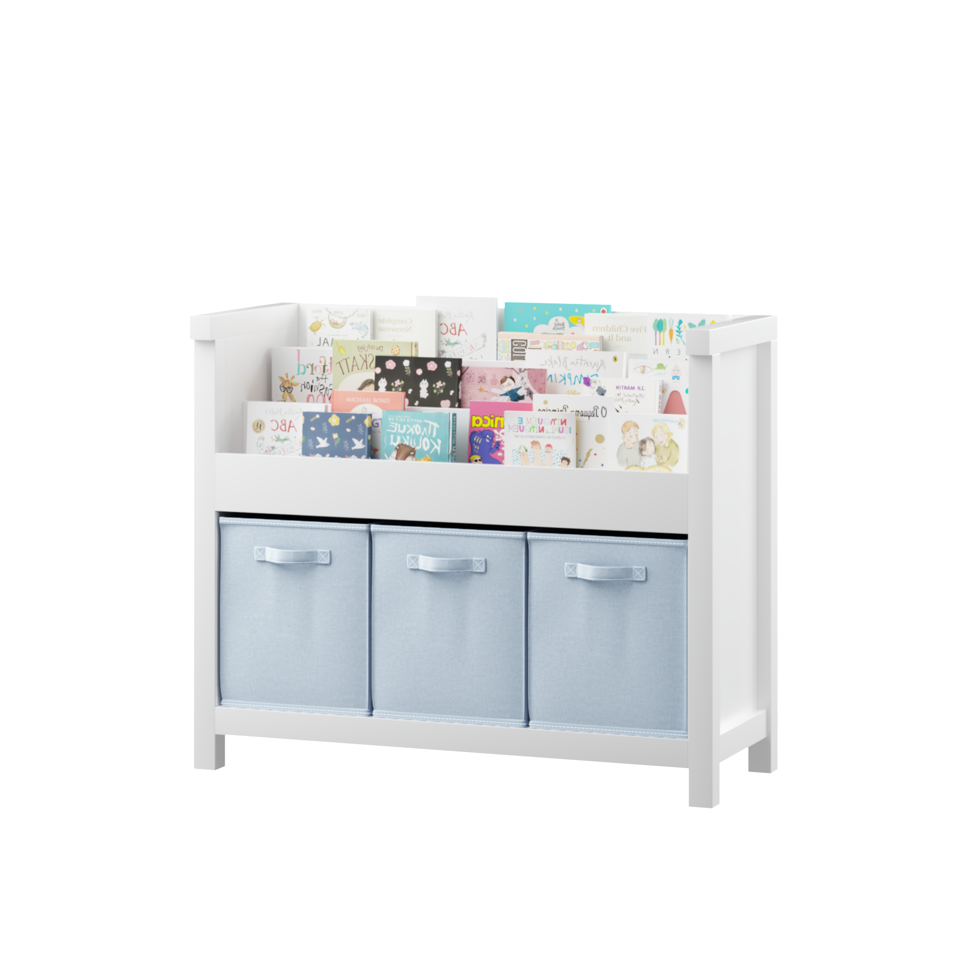 Kids Bookshelf with 3 Tier Front-Facing Storage and 3 Fabric Bins, Wooden Toddler Bookcase for Playroom, Nursery, Bedroom – K