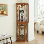 Corner Curio Cabinet Lighted Corner Display, Glass Display Shelf Shelving Bar cabinet with Tempered Glass Door, Bar Cabinet,Cabinet with Adjustable Shelf Glass Cabinet Shelves Bead Bulb Included OAK - Grand Goldman Shop