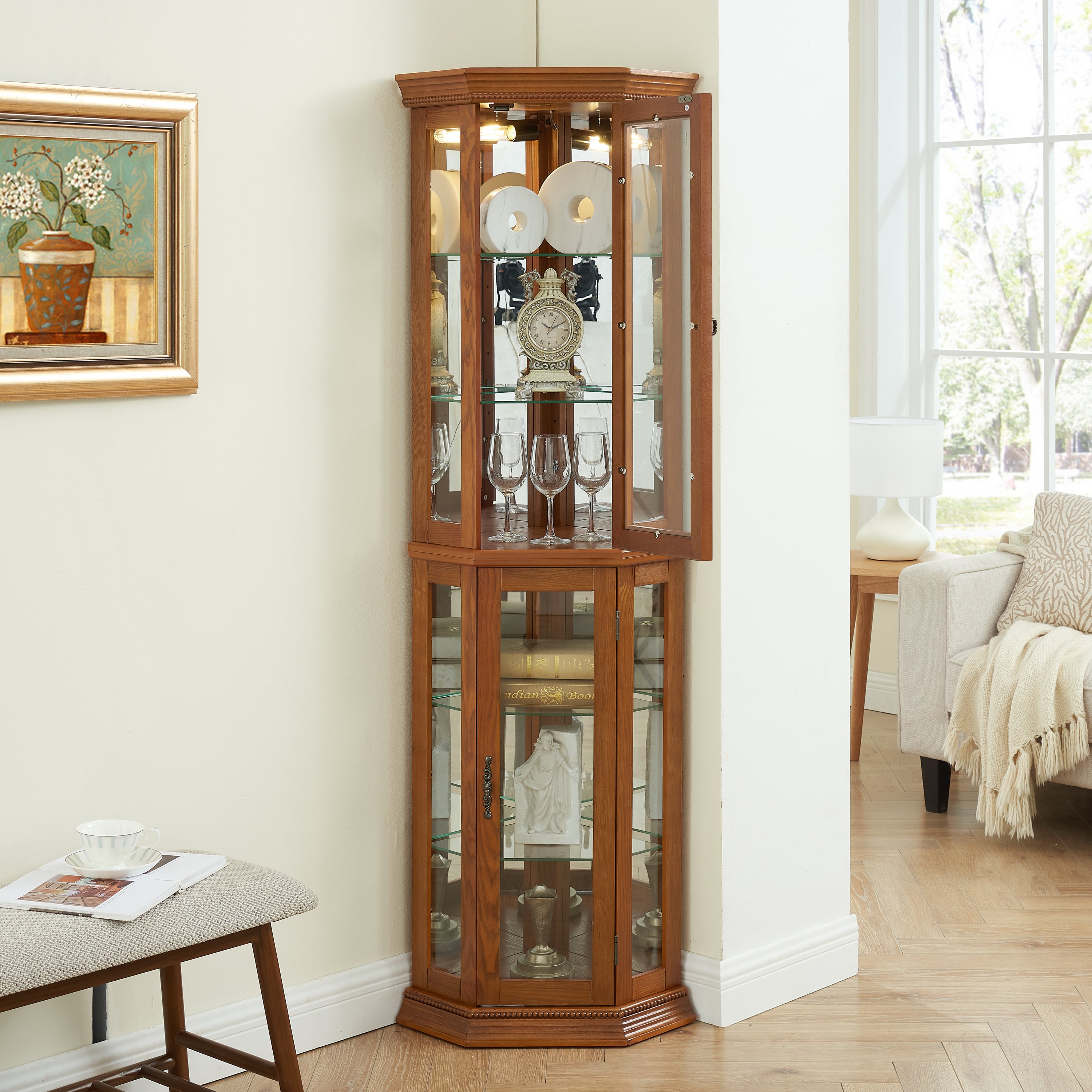 Corner Curio Cabinet Lighted Corner Display, Glass Display Shelf Shelving Bar cabinet with Tempered Glass Door, Bar Cabinet,Cabinet with Adjustable Shelf Glass Cabinet Shelves Bead Bulb Included OAK - Grand Goldman Shop