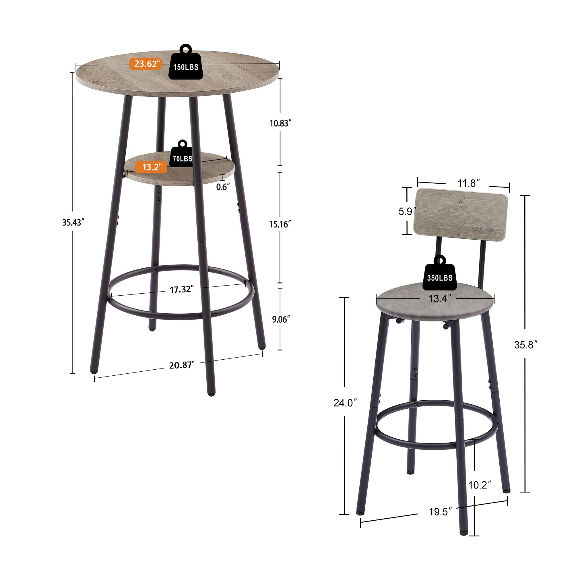Round bar stool set with shelf, upholstered stool with backrest Grey, 23.62'' W x 23.62'' D x 35.43'' H. - Grand Goldman Shop