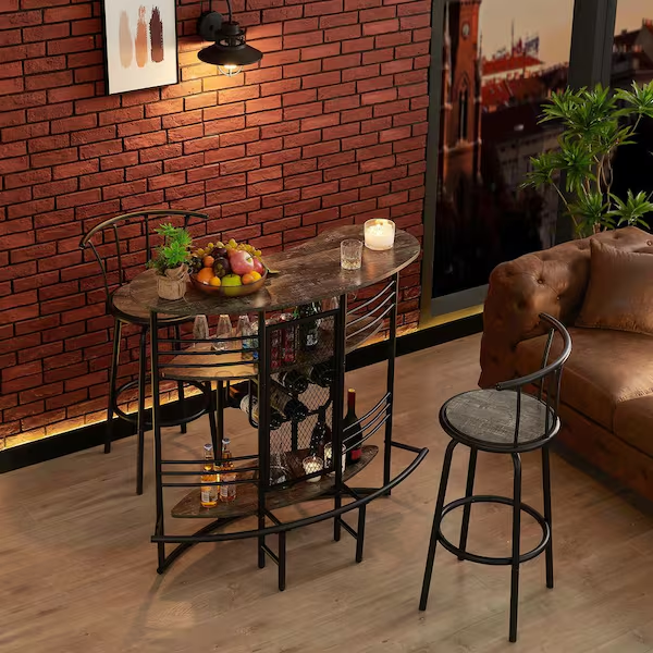 Oval Bar Table with Wood Counter Top and Wine Rack Storage, Wine Bakers Rack for Dining Room, Brown - Grand Goldman Shop