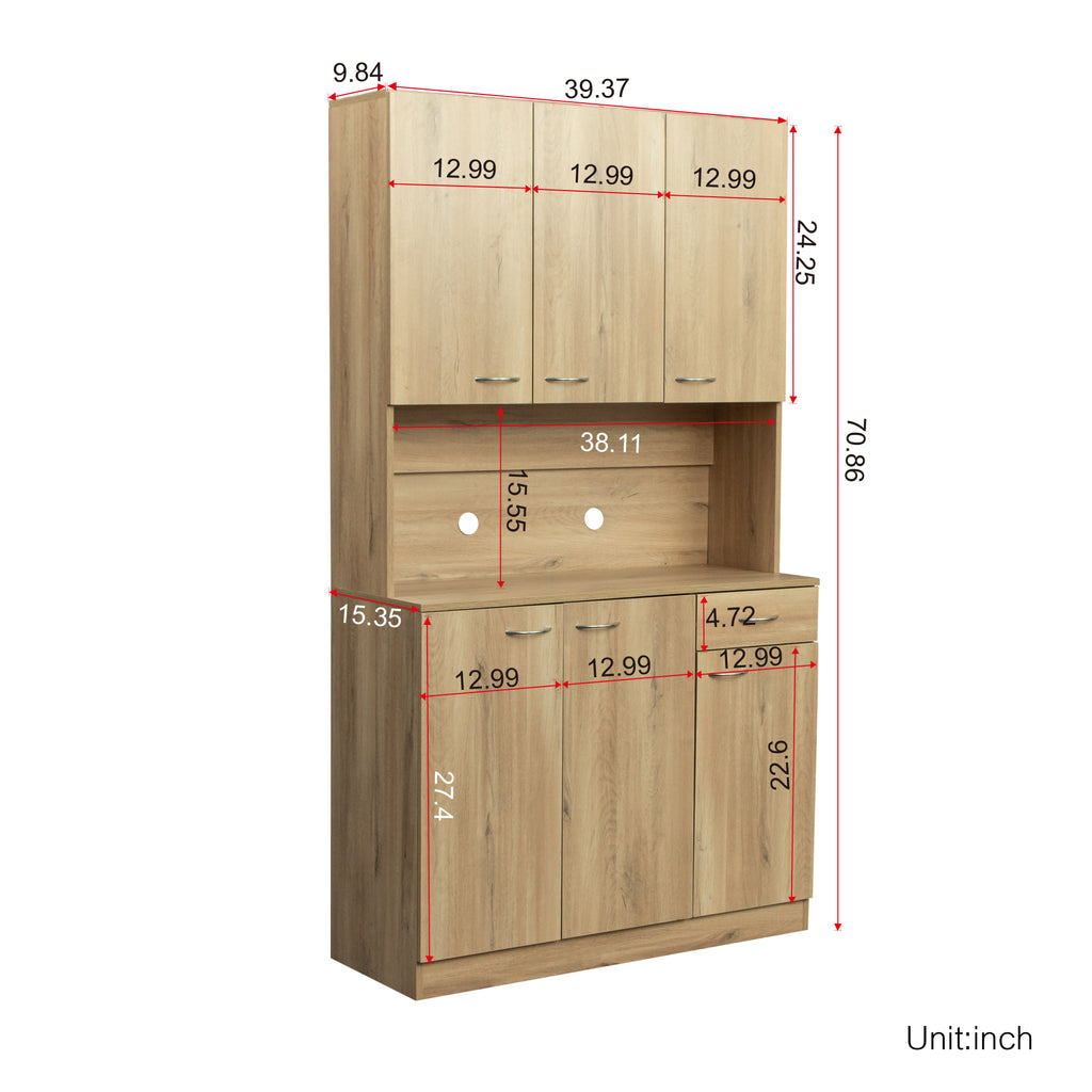 70.87' Tall Wardrobe& Kitchen Cabinet, with 6-Doors, 1-Open Shelves and 1-Drawer for bedroom,Rustic Oak - Grand Goldman Shop