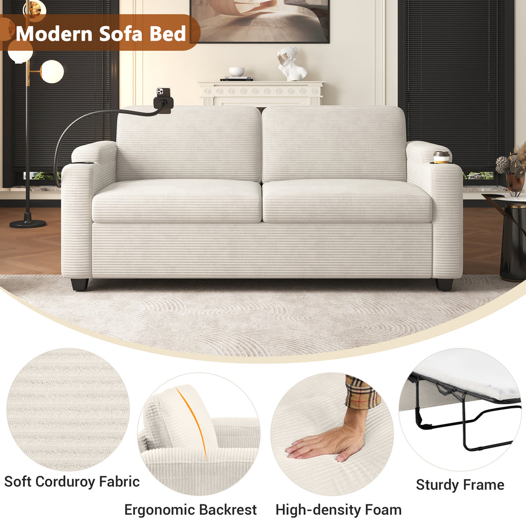 Beige Corduroy Sleeper Sofa Loveseat with Full Size Mattress, USB Ports, Cup Holders, Side Pockets, Phone Holder - Grand Goldman Shop