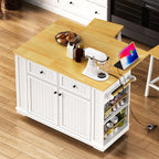 48 inch Kitchen Island with Drop Leaf,Power Outlet,Internal Storage Rack,Rolling Kitchen Storage Cart on 5 Wheels with 5 Open Side Racks for Kitchen,White (Old SKU N707P257057W)(Not Include Stools) - Grand Goldman Shop