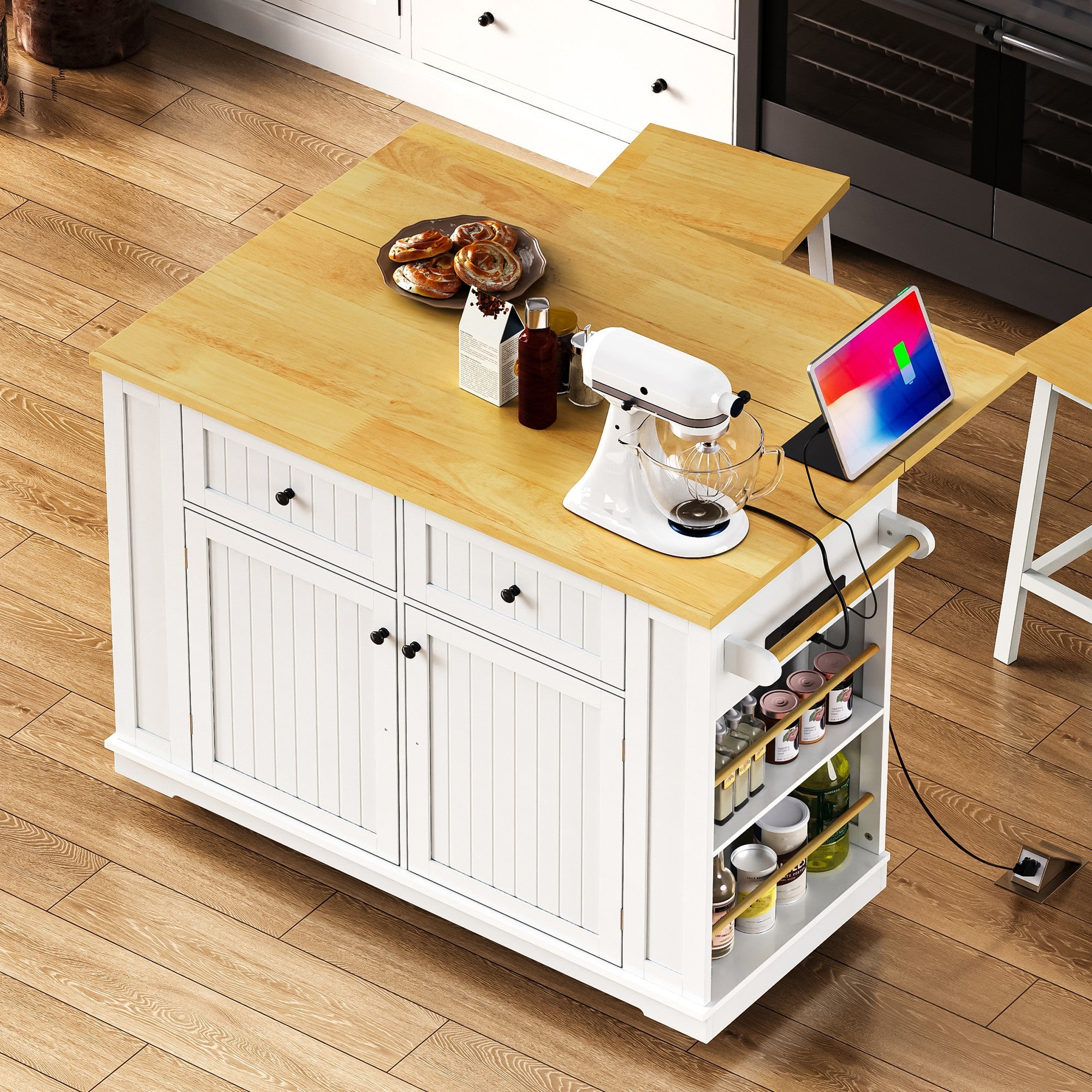 48 inch Kitchen Island with Drop Leaf,Power Outlet,Internal Storage Rack,Rolling Kitchen Storage Cart on 5 Wheels with 5 Open Side Racks for Kitchen,White (Old SKU N707P257057W)(Not Include Stools) - Grand Goldman Shop