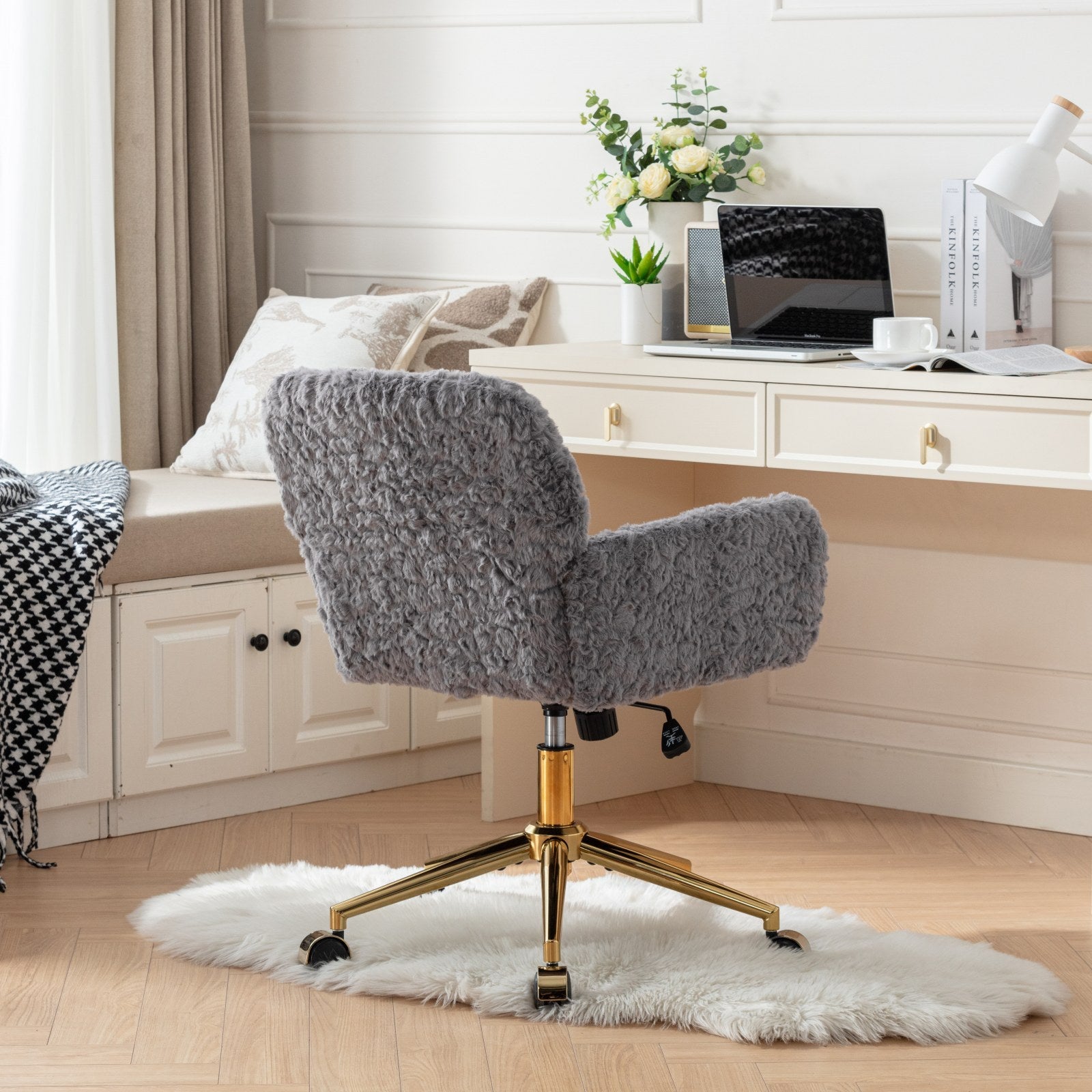 A&A Furniture Gray Adjustable Desk Chair with Artificial Rabbit Hair and Golden Metal Base - Shop Quality Furniture at Grand 
