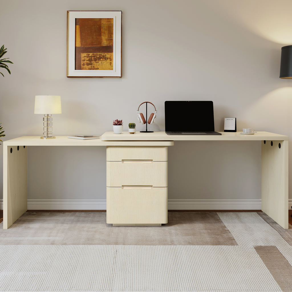 90' Modern L Shaped Desk in Natural Wood with 3 Drawers,360° Wood Rotating Desk,Executive Office Desk,Corner Desk,Office Stud