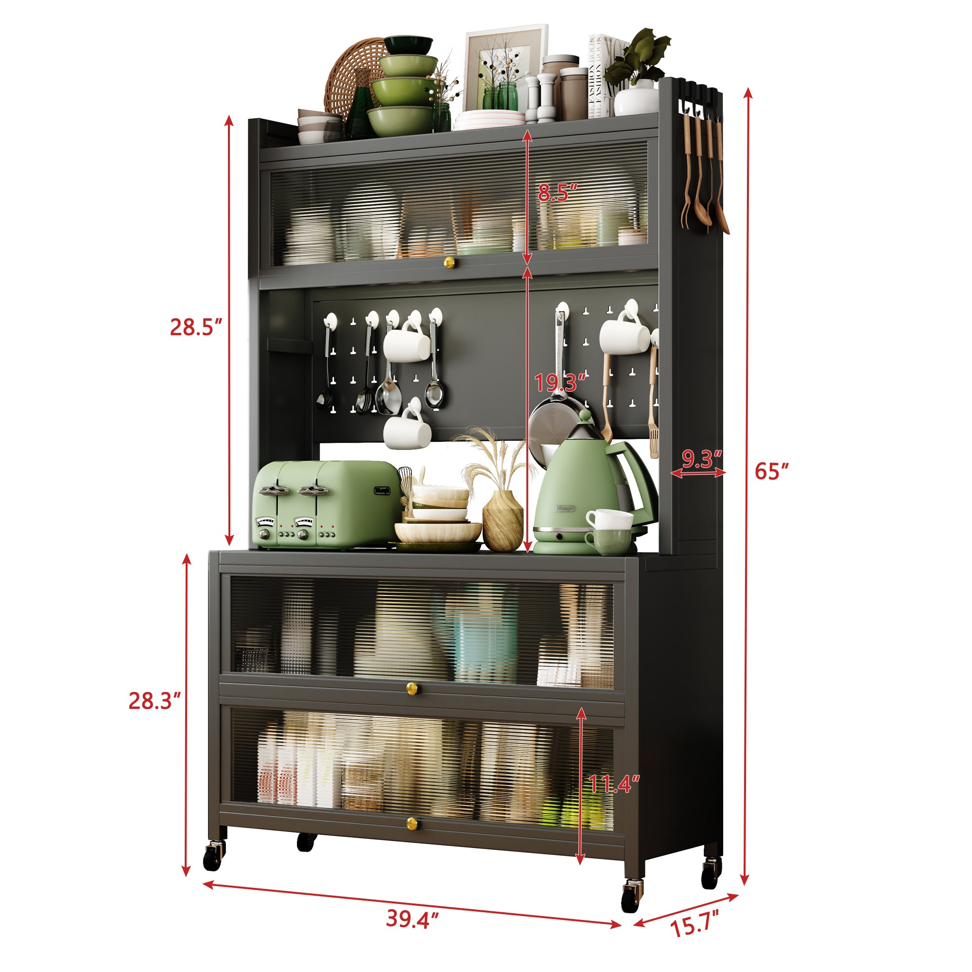 65'' Tall Kitchen Bakers Rack with Flip Door Cabinet, 5 Tier Multifunctional Microwave Stand Buffet, Coffee Bar, Quick Assembly, Gray - Grand Goldman Shop
