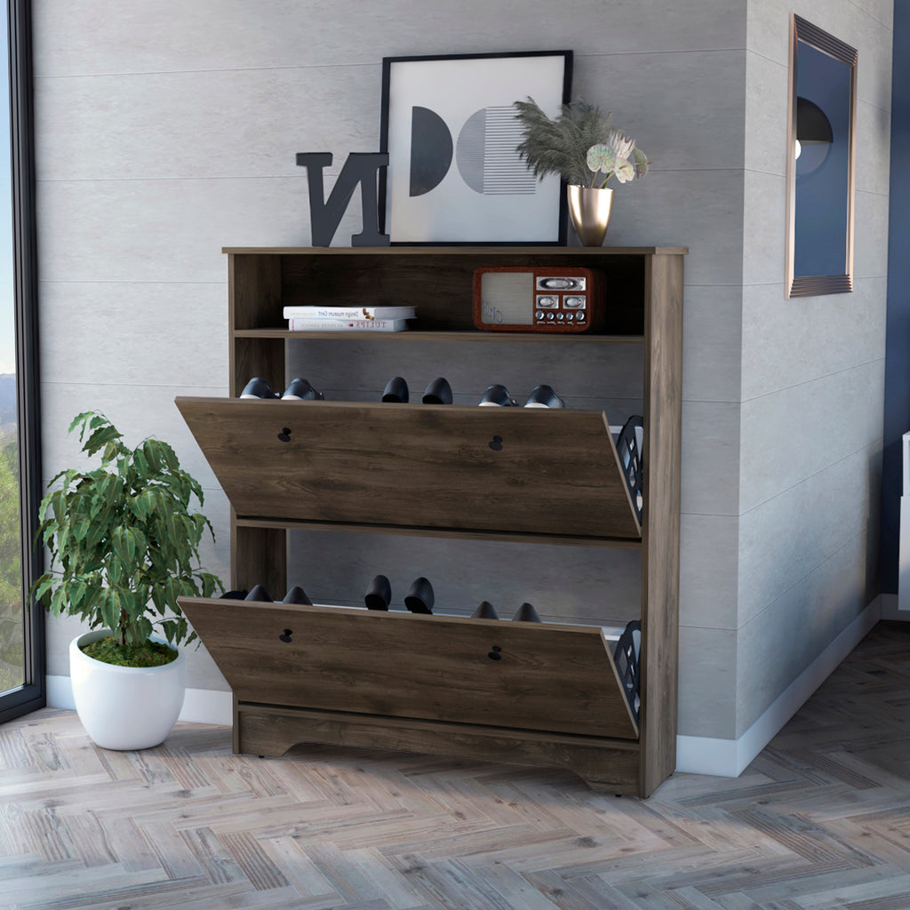 Shoe Rack Dublin, One Open Shelf, Two Extendable Cabinets, Dark Brown Finish - Grand Goldman Shop