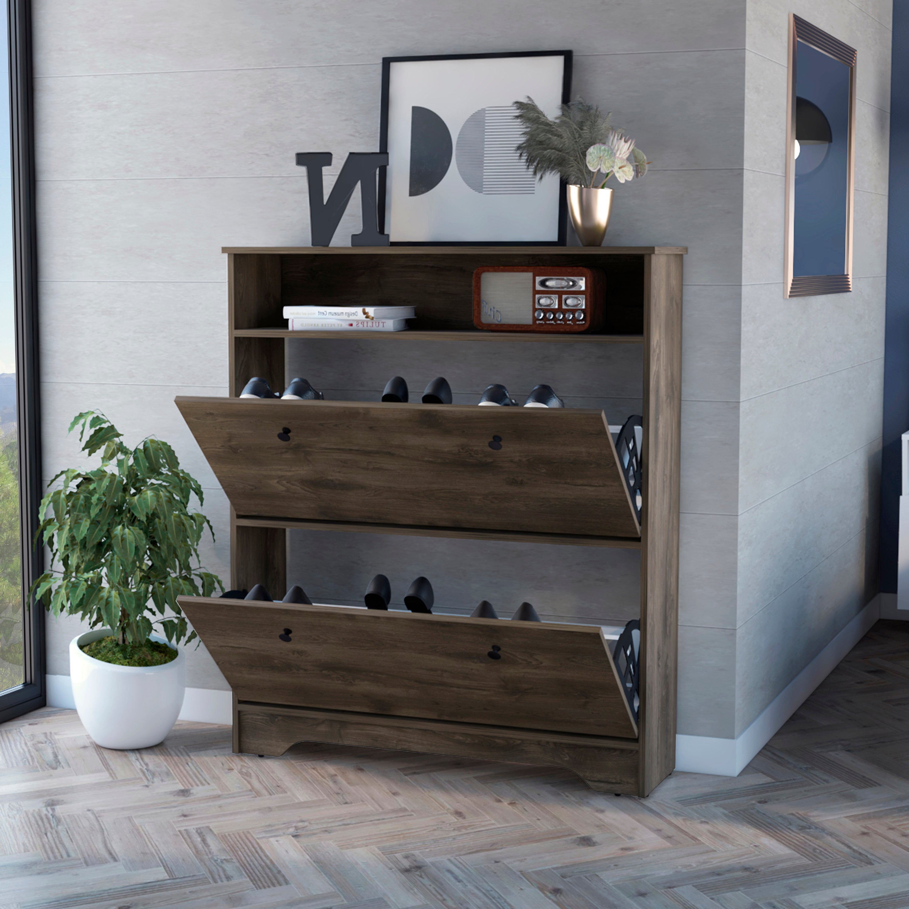 Shoe Rack Dublin, One Open Shelf, Two Extendable Cabinets, Dark Brown Finish - Grand Goldman Shop