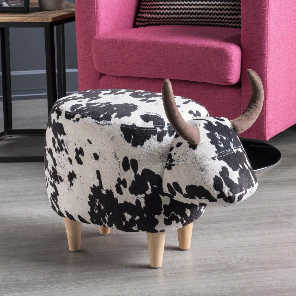 Cow-Shaped Ottoman Footstool, Black and White Modern Accent Stool with Velvet Horns, Fabric Body, Birch Legs - Grand Goldman Shop