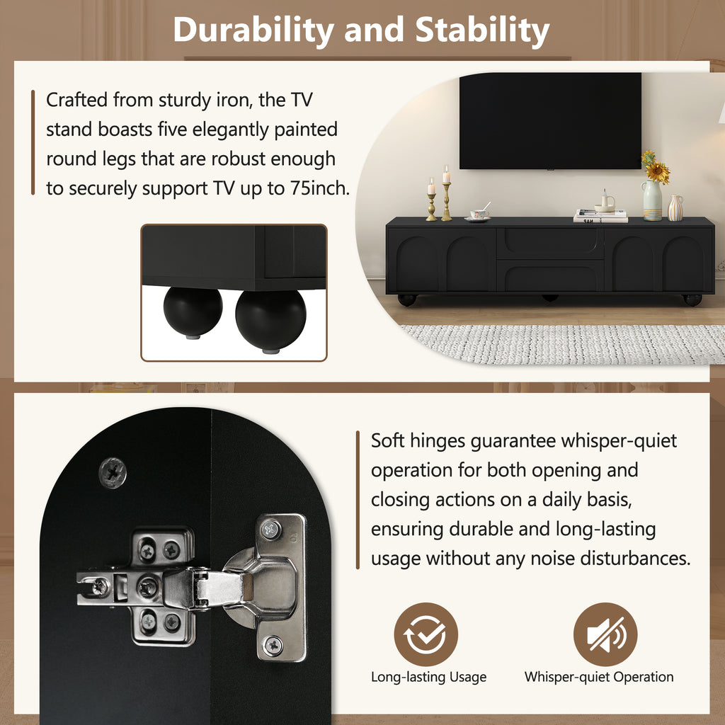 ON-TREND Cream Style TV Stand with Arched Doors & 2 Drawers for TVs up to 75', Minimalist Media Console with Rebound Device, Entertainment Center with 5 Iron Round Legs for Living Room, Bedroom, Black - Grand Goldman Shop