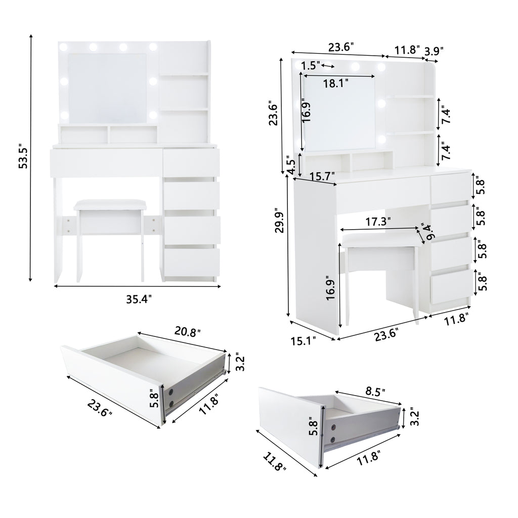 Vanity, Makeup Vanity Desk Set with Mirror & Light, Dressing Table Storage Lots , 3 Lighting Modes with Adjustable Brightness, White with Stool - Grand Goldman Shop
