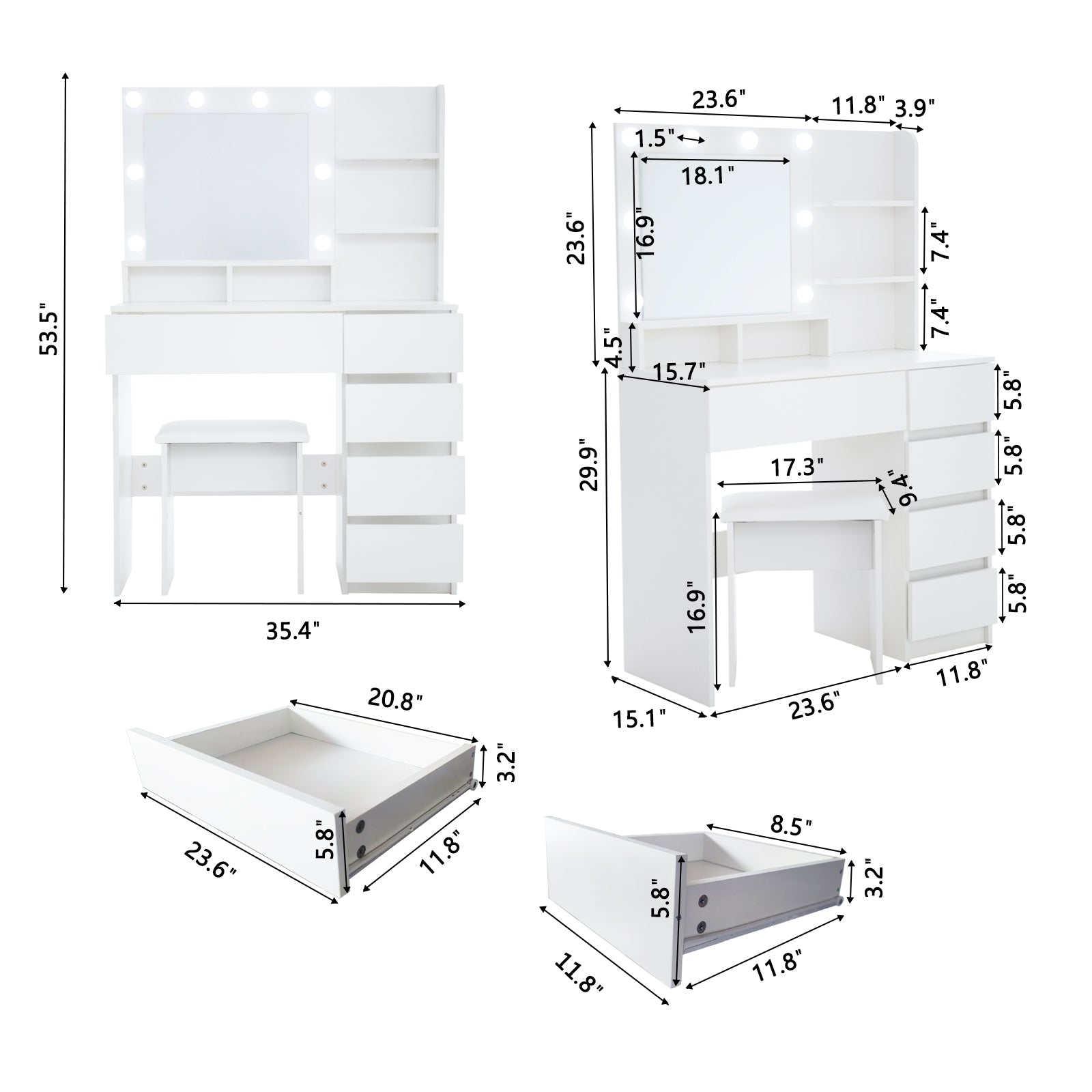 Vanity, Makeup Vanity Desk Set with Mirror & Light, Dressing Table Storage Lots , 3 Lighting Modes with Adjustable Brightness, White with Stool - Grand Goldman Shop