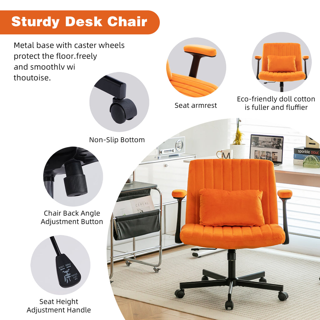 Orange Velvet Criss Cross Armrest Office Chair with Wheels - Stylish for Home Office, Gaming & Makeup | Premium Home Decor - 