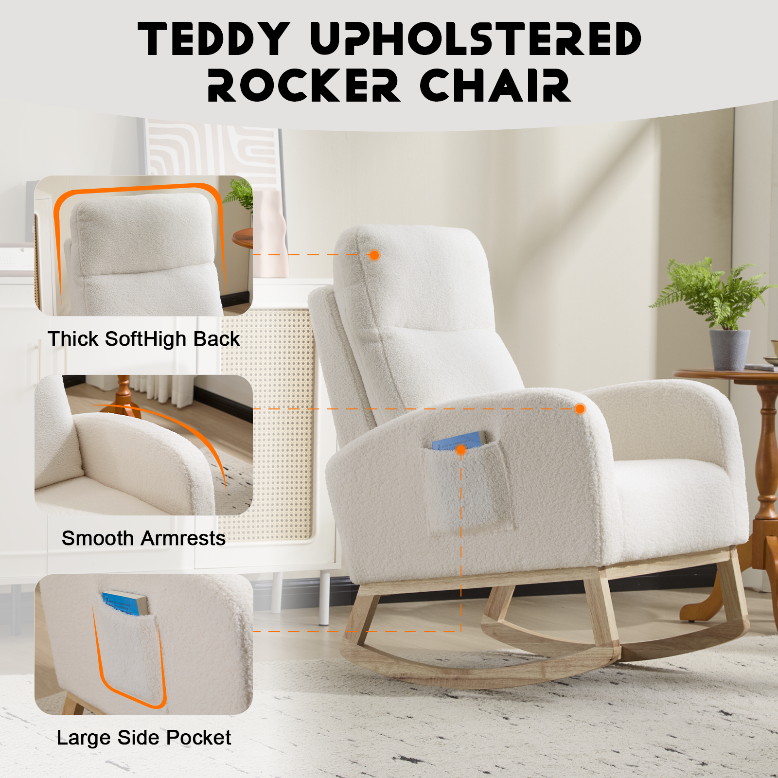 Modern Accent Rocking Chair Rocking Chair with Solid Wood Legs, Upholstered Nursery Glider Rocker, Comfy Armchair with Side Pocket, Living Room Lounge Arm Chair with High Backrest (white,teddy) - Grand Goldman Shop