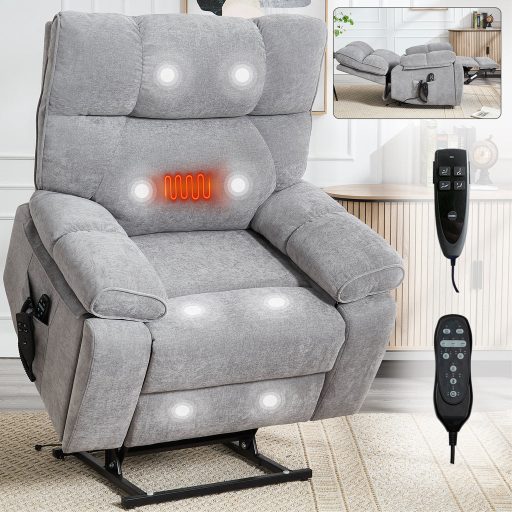 Grey Heat Massage Dual Motor Infinite Position Up to 350 LBS Large Electric Power Lift Recliners with Hidden Cup Holders, Power-Remote, Medium-firm and Heavy Duty - Grand Goldman Shop