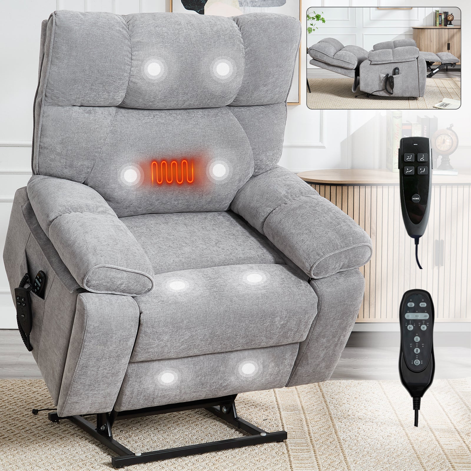 Grey Heat Massage Dual Motor Infinite Position Up to 350 LBS Large Electric Power Lift Recliners with Hidden Cup Holders, Power-Remote, Medium-firm and Heavy Duty - Grand Goldman Shop