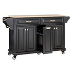 Kitchen Island with Rubber wood Countertop, Kitchen Cart on 5 Wheels with Storage Cabinet and 2 Top Drawers and A center double layered storage drawer for Dinning Room, Black - Grand Goldman Shop