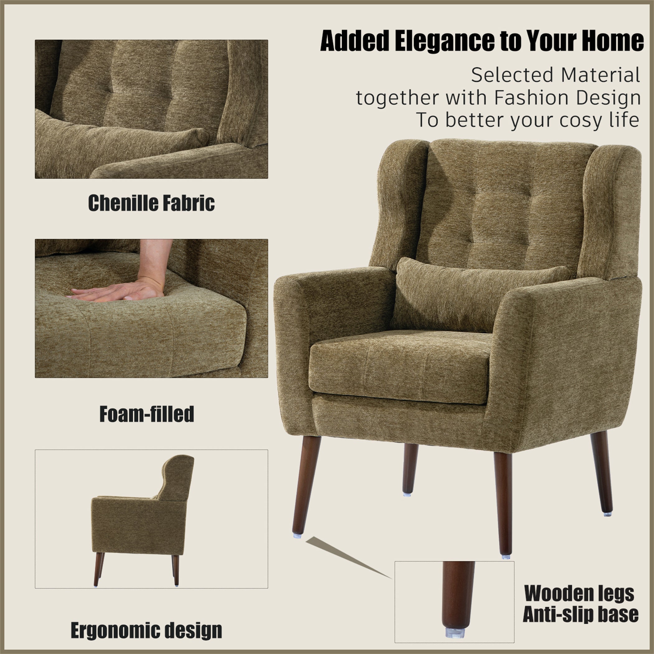 Modern Accent Chair, Chenille Arm Chairs for Living Room, Upholstered Modern Armchair, Comfy Soft Padded Lounge Chair in Small Space, Bedroom, w/Pillow, Solid Wood Leg, Olive Green - Grand Goldman Shop