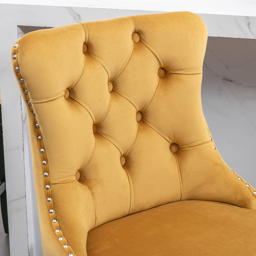 Contemporary Velvet Upholstered Barstools with Button Tufted Decoration and Wooden Legs, and Chrome Nailhead Trim, Leisure Style Bar Chairs,Bar stools, Set of 2 (Golden),SW2002GL - Grand Goldman Shop