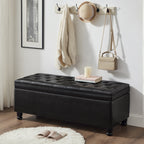 Upholstered tufted button storage bench ,Faux leather entry bench with spindle wooden legs, Bed bench- Black - Grand Goldman Shop