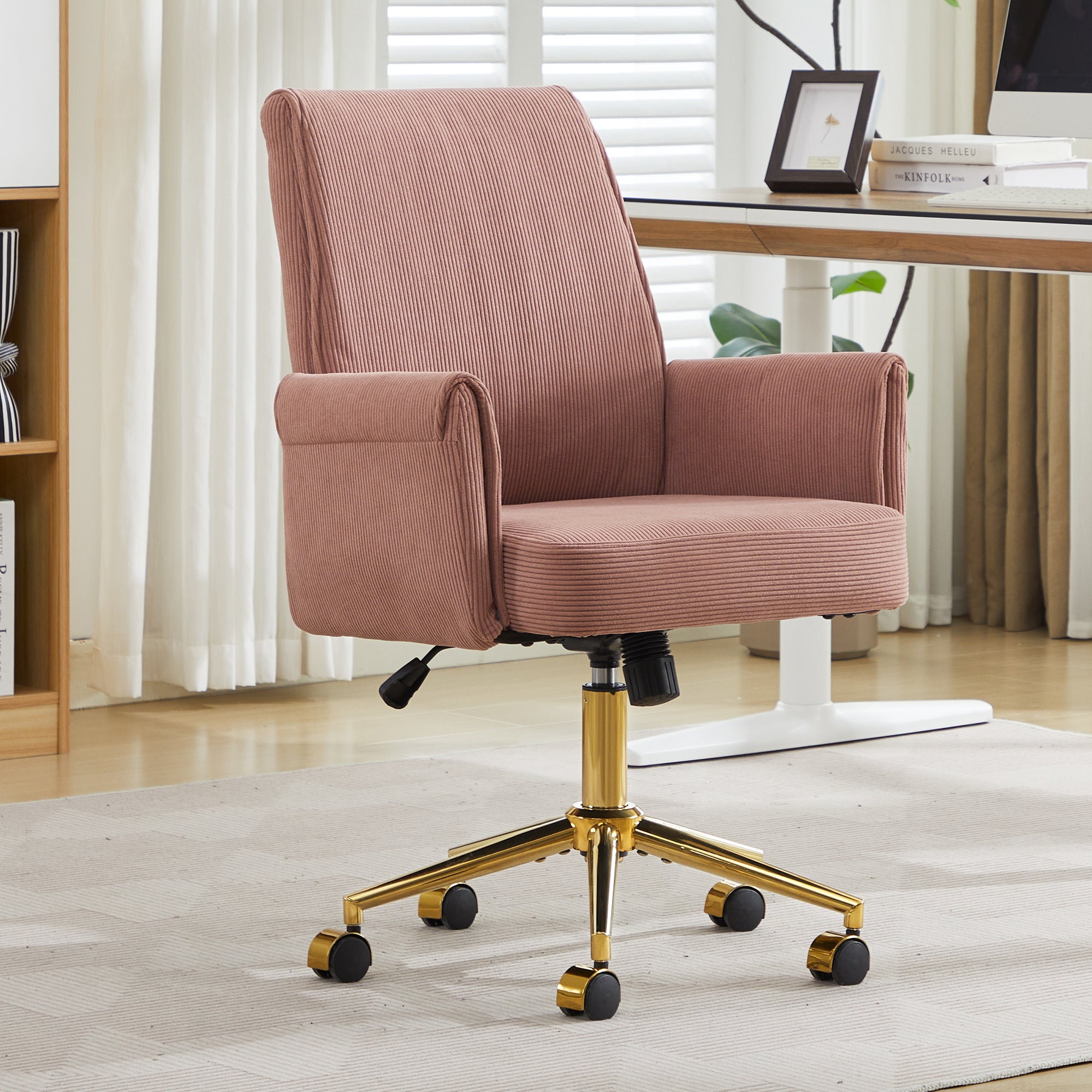 Ergonomic Mid-Back Office Chair with Striped Fabric, Light Pink Corduroy, Gold Base, 25.20L x 24.02W x 39.00H inches - Grand 