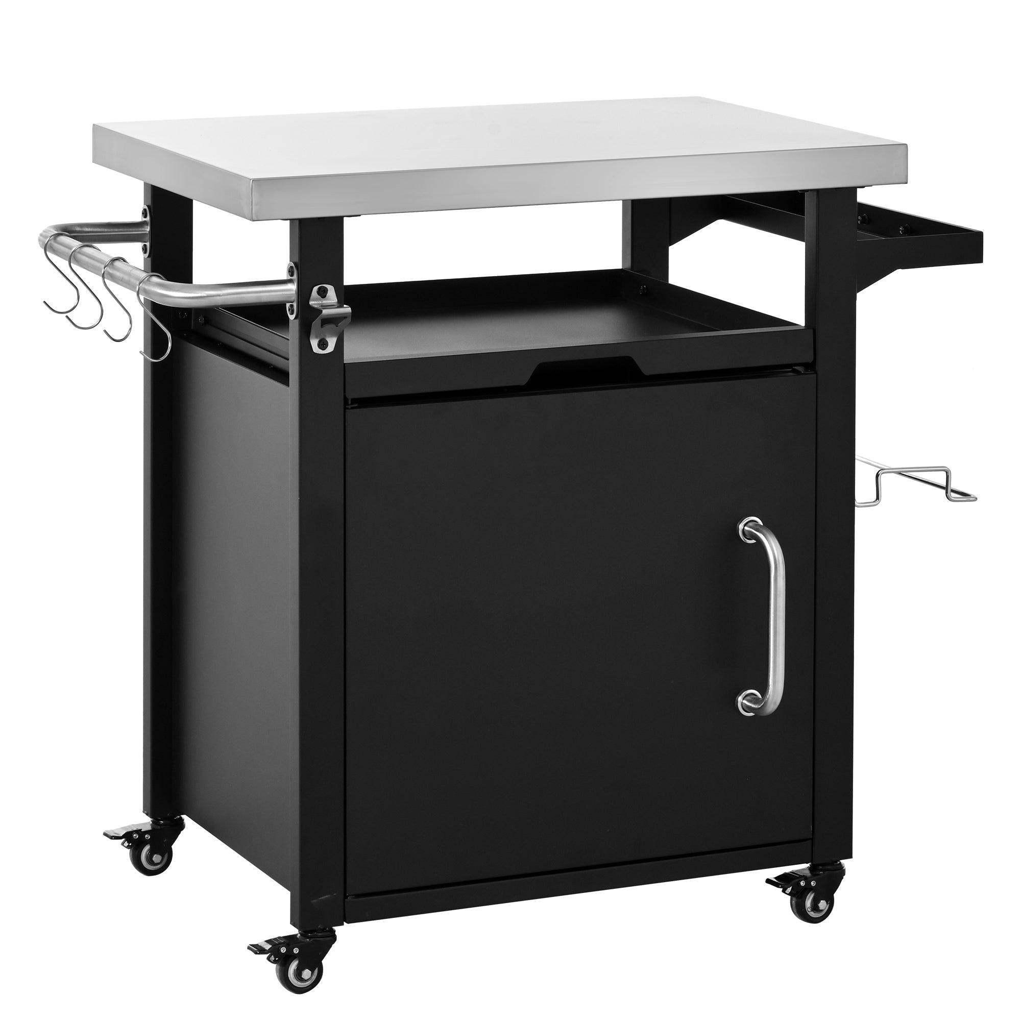 K&K 39.5' Outdoor Grill Cart with Storage Cabinet, Outdoor Bar Cart Pizza Oven Table with Wheels, Stainless Steel Top, Outdoor Kitchen Island with Spice & Paper Rack for BBQ, Waterproof Cover Included - Grand Goldman Shop
