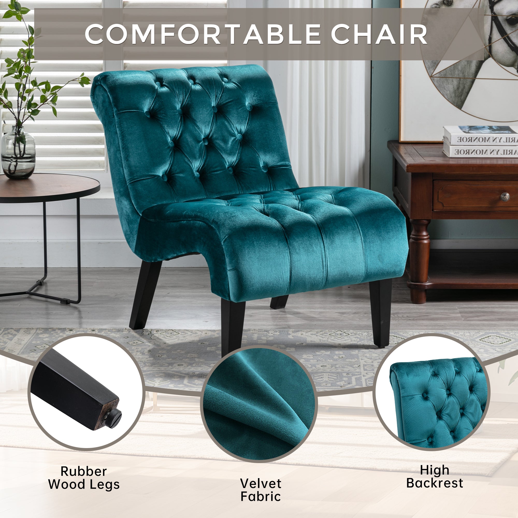 COOLMORE Modern Velvet Armless Accent Living Room Chair / Leisure Chair,Upholstered Fabric Button Comfortable Chair with Wooden Legs for Bedroom, Living Room, Office (Teal Velvet) - Grand Goldman Shop