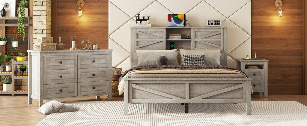 3-Pieces Bedroom Sets Queen Size Farmhouse Platform Bed with Double Sliding Door Storage Headboard and Charging Station, Storage Nightstand and Dresser, Antique Gray(Old SKU HL000092AAG) - Grand Goldman Shop