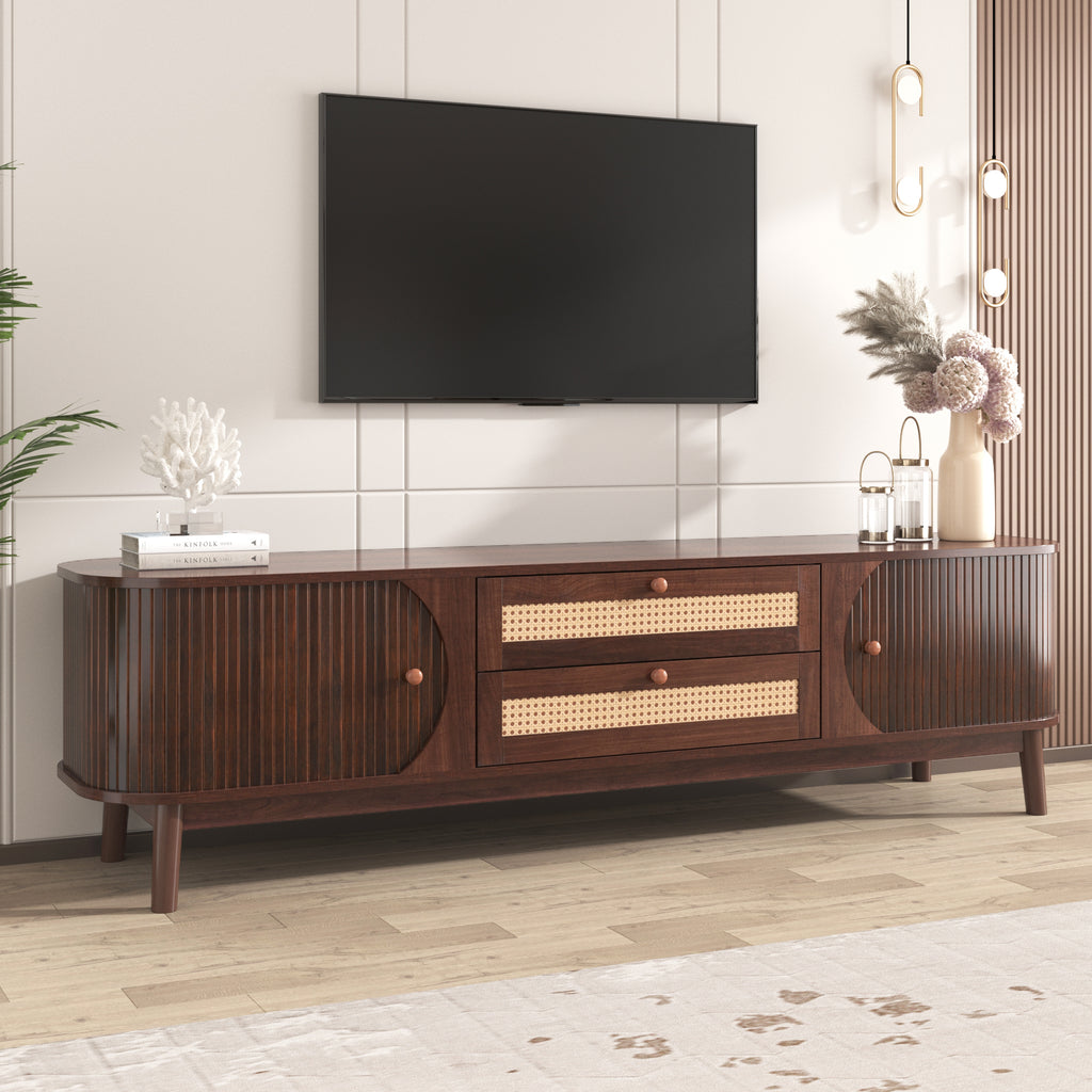 Modern Farmhouse Rattan TV Stand for TVs up to 75'', Natural Wood and Brown Solid Wood Legs, MDF Cabinet with Rattan Drawers and Sliding Doors, 66.93'' L Living Room Entertainment Console - Grand Goldman Shop
